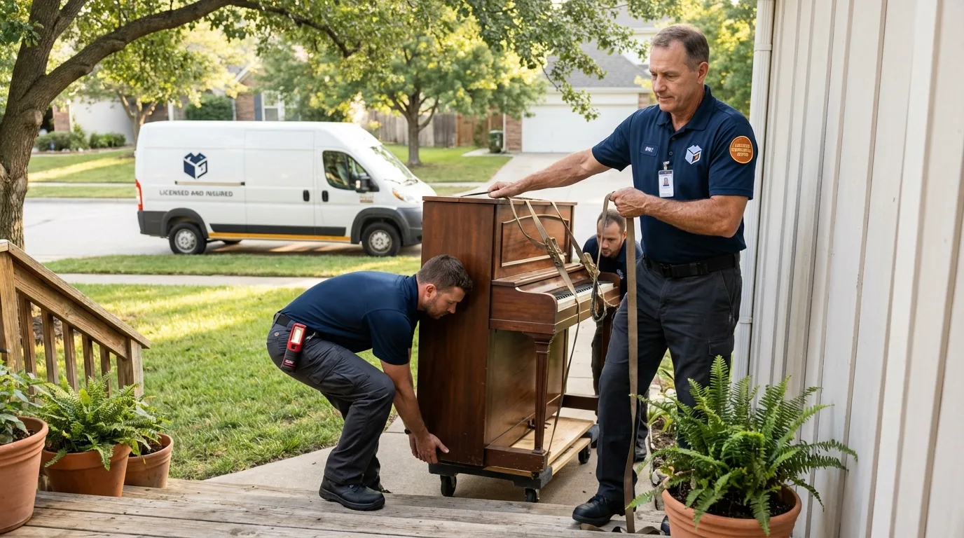 Licensed piano movers securing grand piano in Buena Vista, VA