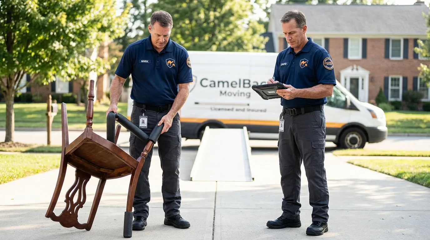 Movers inspecting furniture for damage prevention before loading in Buena Vista, VA