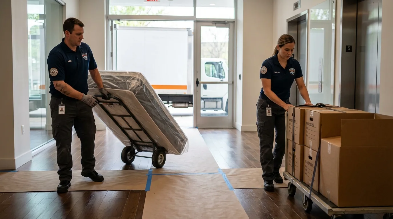Professional apartment movers loading elevator in Buena Vista, VA
