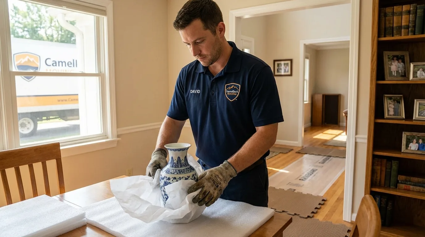 Professional crew carefully wrapping antique vase for senior downsizing move in Buena Vista, VA